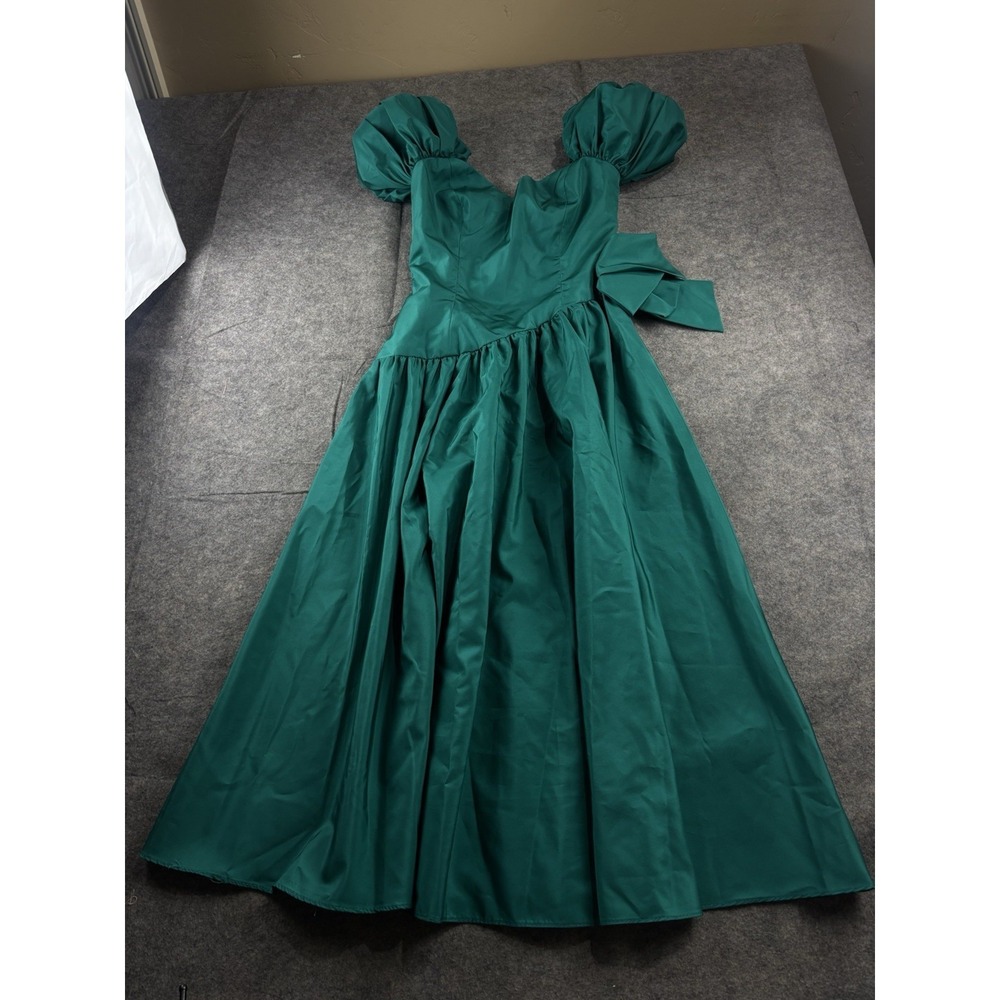 VTG 80s Taffeta Drop Waist Asymmetrical Prom Bridesmaid Dress Green Womens 8 SEE